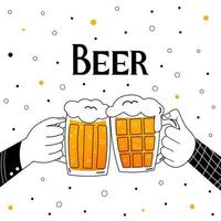 duas mãos segurando canecas de cerveja e fazendo aplausos isolados no fundo branco, letras de cerveja no estilo desenhado à mão vetor