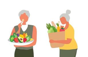 casal sênior comendo comida saudável e segurando a sacola de compras saudável. envelhecimento saudável e conceito de cuidado de idosos. vetor