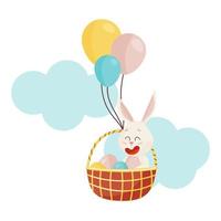 coelho rindo sentado na cesta com ovos, nuvens e balões vetor