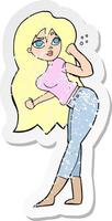 adesivo retrô angustiado de uma mulher de desenho animado, levantando o punho vetor