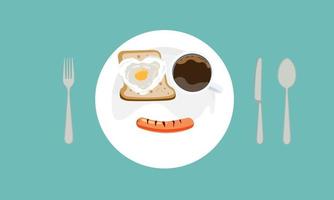 salsicha, torrada, ovo frito, formato de coração e café em um prato. conceito de café da manhã delicioso. vetor