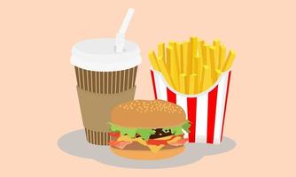 pratos de fast food isolados. ilustração vetorial de batatas fritas, hambúrguer e café. vetor