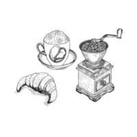 café desenhado à mão, croissant, moedor de café retrô, elementos de design para restaurantes e menus. pintado em estilo vintage. vetor