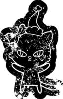 bonito ícone angustiado de desenho animado de um gato usando chapéu de papai noel vetor