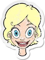adesivo retrô angustiado de uma mulher feliz de desenho animado vetor