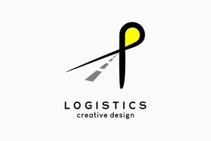 logo logística, logística e empresa de transporte. o ícone da estrada com o sol na forma da letra p vetor