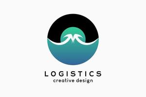 logo logística, logística e empresa de transporte. ícone de seta combinado com oceano e sol ou lua vetor