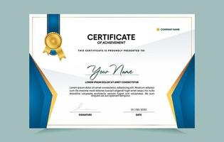 certificado azul e dourado do modelo de conquista definido com crachá de ouro e borda. para necessidades de prêmios, negócios e educação. ilustração vetorial vetor