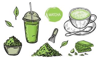 conjunto matcha, ilustrações desenhadas à mão. vetor