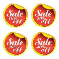 adesivos de venda amarelos com bolha vermelha 10, 20, 30, 40% de desconto vetor