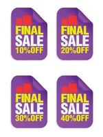 emblemas de venda violeta, conjunto de adesivos. venda 10, 20, 30, 40% de desconto com o ícone de pacotes vetor
