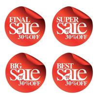 adesivos de venda vermelha final, super, grande, melhores 30 por cento com carrinho de compras