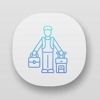 ícone do aplicativo de homem imigrante. refugiado com mala e mochila. viajando para o exterior. viagem solo, turismo. imigração. interface de usuário uiux. web ou aplicativos móveis. ilustrações vetoriais isoladas vetor