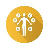 corpo vitaminas amarelo design plano ícone de glifo de sombra longa. a, b, c, d, e, k multivitaminas. minerais vitais e antioxidantes. saúde e medicina. ilustração em vetor silhueta