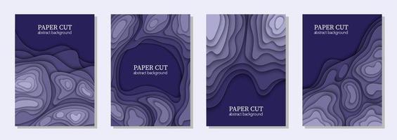 conjunto de vetores verticais de 4 panfletos azuis roxos com formas de ondas de corte de papel. Arte de papel abstrato 3D, layout de design para apresentações de negócios, folhetos, cartazes, estampas, decoração, cartões, capa de folheto.