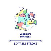 ícone do conceito de veganismo para adolescentes. nutrientes essenciais para adolescentes. ilustração de linha fina de ideia abstrata de estilo de vida vegano. desenho de contorno isolado. traço editável. vetor