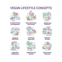 conjunto de ícones de conceito de estilo de vida vegano. nutrição à base de plantas. abster-se de ilustrações de cores de linha fina de ideia de produto animal. símbolos isolados. traço editável. vetor