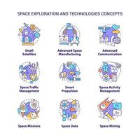 exploração espacial e conjunto de ícones de conceito de tecnologia. ilustrações de cores de linha fina de ideia de ciência e indústria. símbolos isolados. traço editável. vetor