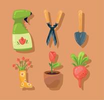 seis ícones de acessórios de jardinagem vetor