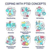 lidar com o conjunto de ícones do conceito ptsd. saúde mental. ilustração de cores de linha fina de ideia de serviço de psicoterapia. símbolos isolados. traço editável. vetor