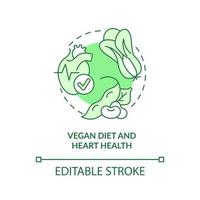 dieta vegana e ícone de conceito verde de saúde do coração. ilustração de linha fina de ideia abstrata de veganismo e doença. desenho de contorno isolado. traço editável. vetor