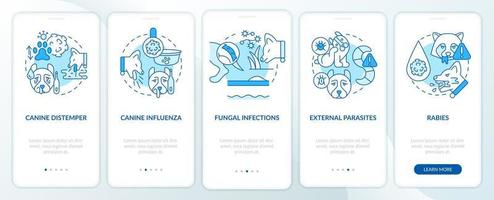 preocupações de saúde comuns para a tela do aplicativo móvel de integração azul dos cães. passo a passo 5 passos páginas de instruções gráficas com conceitos lineares. ui, ux, modelo de gui vetor