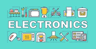 banner de conceitos de palavra eletrônica. fabricação, manutenção e reparação de eletrodomésticos. apresentação, site. isolado rotulação ideia de tipografia com ícones lineares. ilustração de contorno vetorial vetor