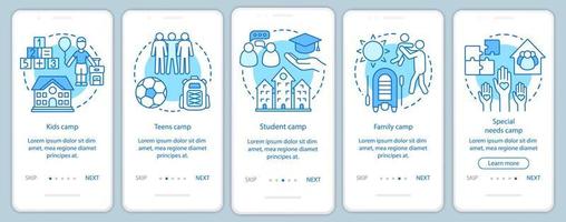 crianças acampamentos tela de página de aplicativo móvel de integração com conceitos lineares. crianças e instruções gráficas de passo a passo de férias em família. modelo de vetor ux, ui, gui com ilustrações