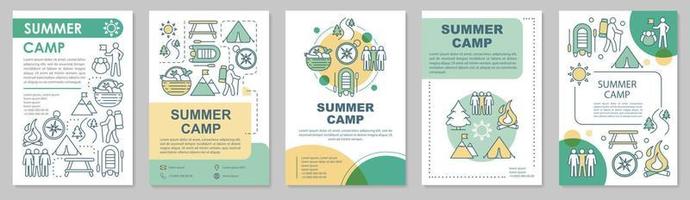 acampamento de verão, férias, layout de modelo de folheto de estância de férias. folheto, livreto, design de impressão de folheto com ilustrações lineares. layouts de página vetorial para revistas, relatórios anuais, cartazes publicitários vetor