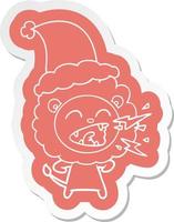 adesivo de desenho animado de um leão rugindo usando chapéu de papai noel vetor