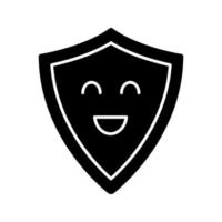 ícone de glifo de escudo sorridente. proteção confiável, segurança. segurança fácil. defesa. escudo feliz. emoji, emoticon. símbolo de silhueta. espaço negativo. ilustração vetorial isolada vetor