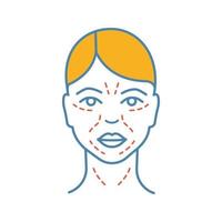 imitar o ícone de cor de rugas. pele facial depois dos trinta. envelhecimento do rosto. marcação facial para procedimento cosmético. ilustração vetorial isolada vetor