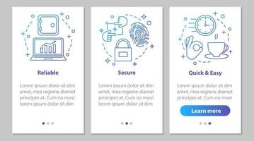 serviços digitais integrando a tela da página do aplicativo móvel com conceitos lineares. softwares de negócios. segurança, inicialização rápida e fácil, instruções de etapas de serviço confiáveis. ux, ui, gui ilustrações vetoriais vetor