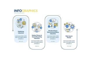 modelo de infográfico de retângulo de segmentos da indústria de informações. publicação. visualização de dados com 4 etapas. gráfico de informações da linha do tempo do processo. layout de fluxo de trabalho com ícones de linha. vetor