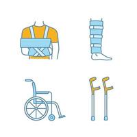 conjunto de ícones de cores de tratamento de trauma. imobilizador de ombro, cinta de canela, cadeira de rodas, muletas de cotovelo. ilustrações vetoriais isoladas vetor