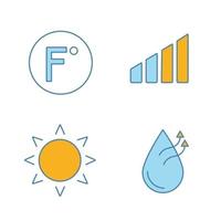 conjunto de ícones de cores de ar condicionado. grau fahrenheit, nível de potência, sol, umidificação do ar. ilustrações vetoriais isoladas vetor