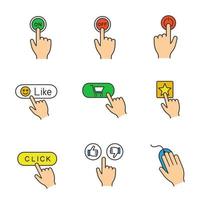 conjunto de ícones de cores de botões de aplicativo. clique. ligar e desligar, ligar, curtir, comprar, adicionar aos favoritos, clicar, polegar para cima e para baixo, mouse de computador. ilustrações vetoriais isoladas vetor