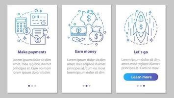 desenvolvimento de negócios integrando a tela da página do aplicativo móvel com conceitos lineares. serviços financeiros. fazer o pagamento, ganhar dinheiro, lançamento de inicialização. instruções de passos. ux, ui, gui ilustrações vetoriais vetor