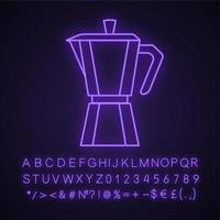 ícone de luz de neon de cafeteira de fogão. máquina de café. máquina de café expresso. sinal brilhante com alfabeto, números e símbolos. ilustração vetorial isolada vetor