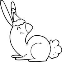 desenho de linha bonito de um coelho usando chapéu de papai noel vetor