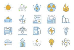 conjunto de ícones de cor de energia elétrica. eletricidade. geração e acumulação de energia. indústria de energia elétrica. recursos energéticos alternativos. ilustrações vetoriais isoladas vetor