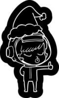 ícone dos desenhos animados de uma garota bonita astronauta dando polegares para cima usando chapéu de papai noel vetor