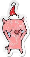 desenho de adesivo angustiado de um porco chorando usando chapéu de papai noel vetor
