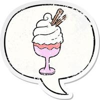 adesivo angustiado de sobremesa de sorvete de desenho animado e bolha de fala vetor