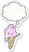 sorvete de desenho animado fofo e bolha de pensamento como um adesivo desgastado vetor