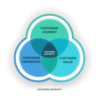 O diagrama de Venn centrado no cliente tem a jornada do cliente, a experiência do cliente e o valor do cliente para que a organização entenda as situações, a percepção e as expectativas do cliente. apresentação infográfica. vetor