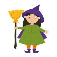 bruxa bonita com uma vassoura. uma garota com uma fantasia de bruxa para o halloween. ilustração vetorial em estilo simples vetor