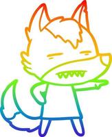 desenho de linha de gradiente de arco-íris lobo de desenho animado mostrando os dentes vetor