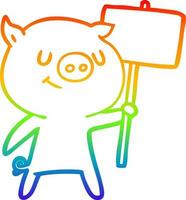linha de gradiente de arco-íris desenhando porco de desenho animado feliz com cartaz vetor