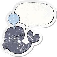 baleia de desenho animado bonito e adesivo angustiado de bolha de fala vetor
